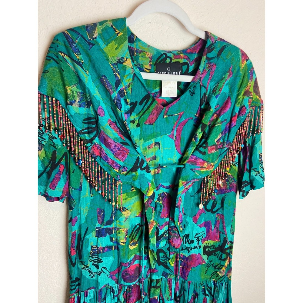 Vintage Carol Little Womens Peasant Style Dress Printed Green Size 4 Beaded - Picture 2 of 11